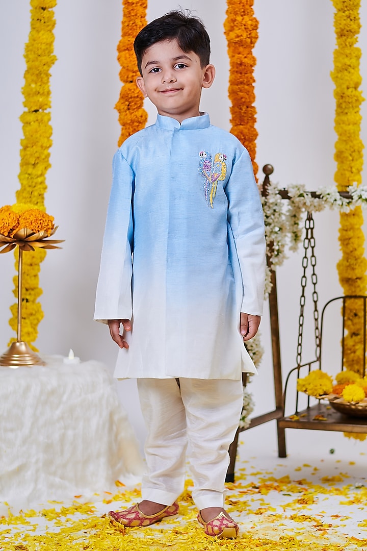 Cyan Blue Ombre Soft Silk Sequins Embroidered Kurta Set For Boys by Mini N More