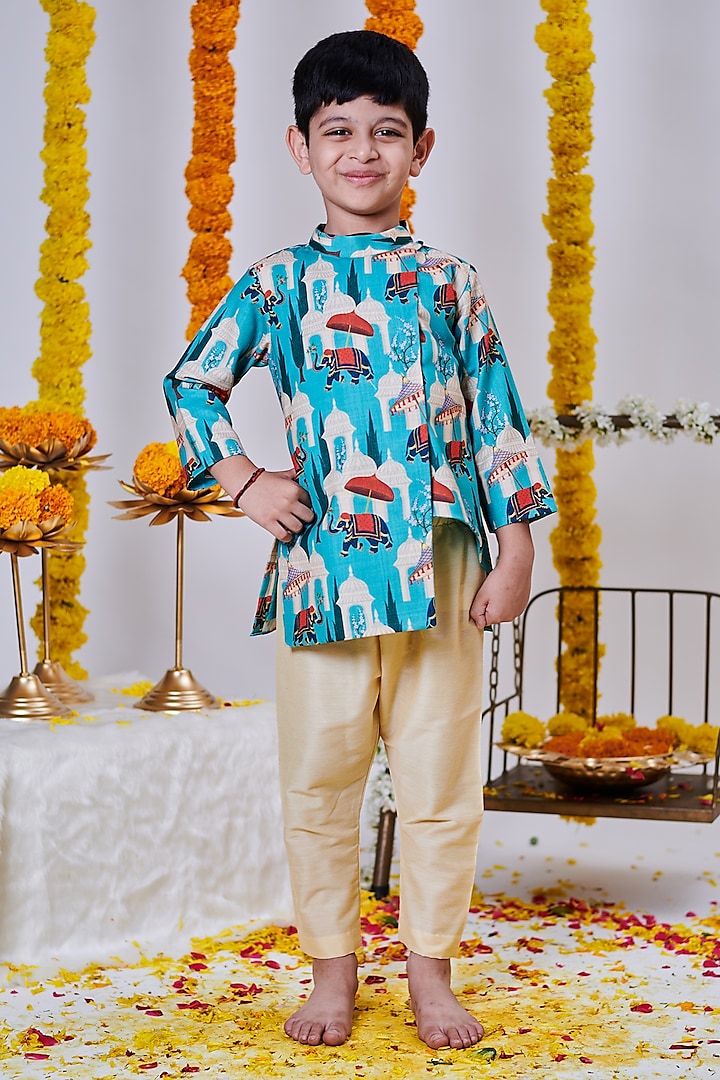 Teal Blue Soft Cotton Elephant Printed Flapped Kurta Set For Boys by Mini N More