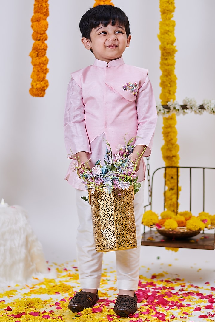 Rose Pink Soft Silk Elephant Embellished Nehru Jacket Set For Boys by Mini N More