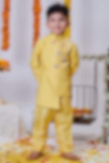 Daffodil Yellow Soft Silk Hand Embroidered Indo-Western Set For Boys by Mini N More