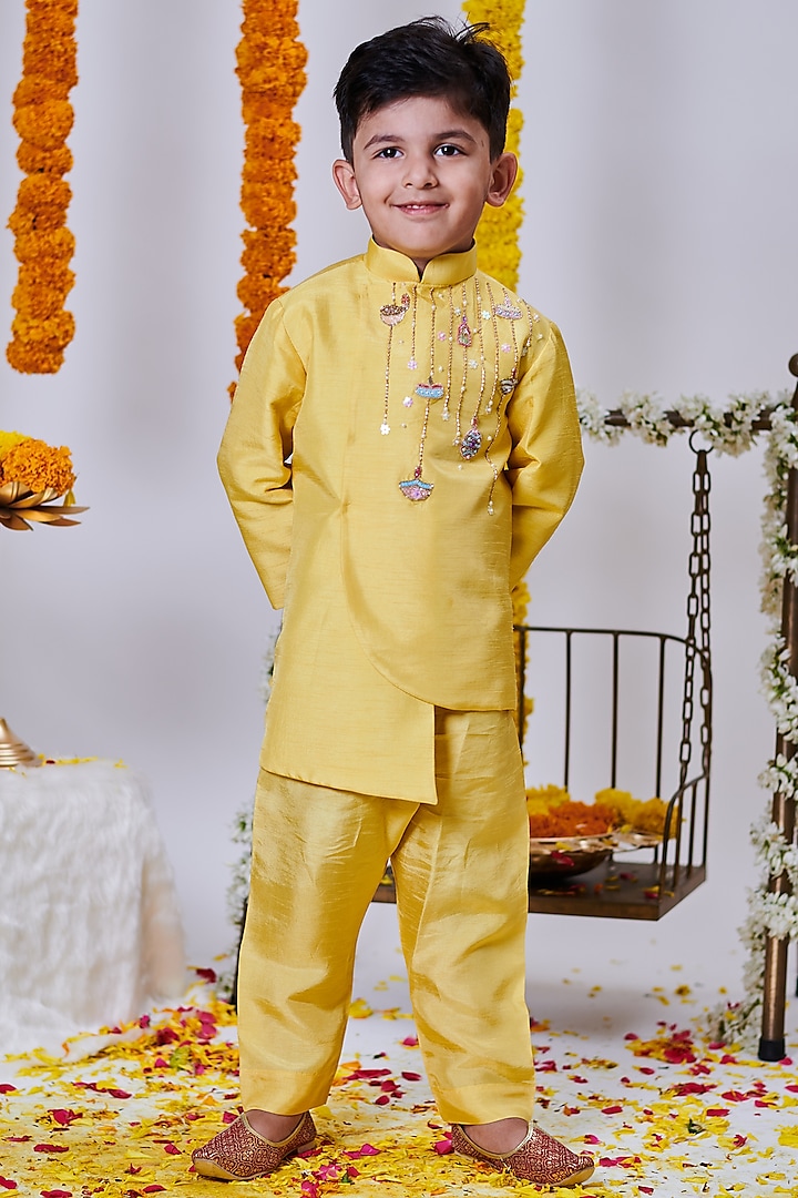 Daffodil Yellow Soft Silk Hand Embroidered Indo-Western Set For Boys by Mini N More