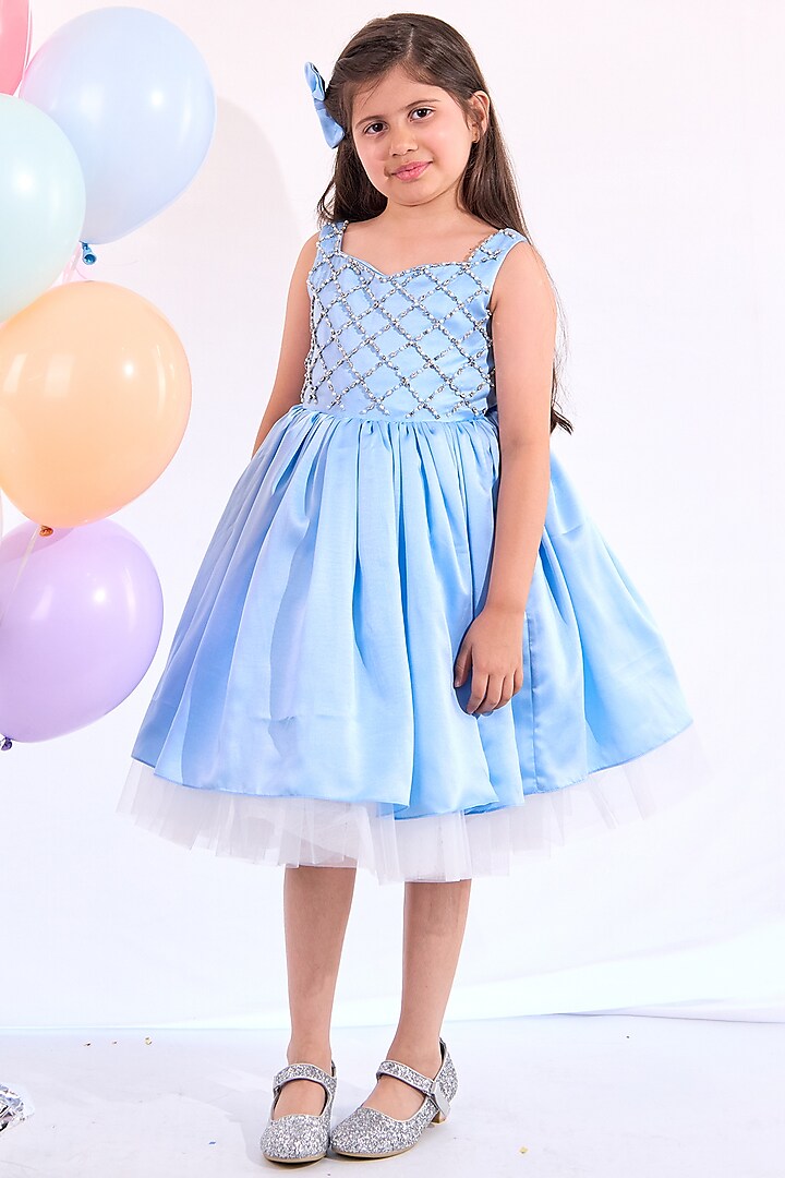 Blue Bridal Satin & Tulle Pearl Embroidered Dress For Girls by Mini N More at Pernia's Pop Up Shop