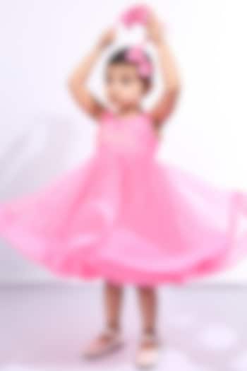 Hot Pink Soft Tulle Hand Embroidered Dress For Girls by Mini N More