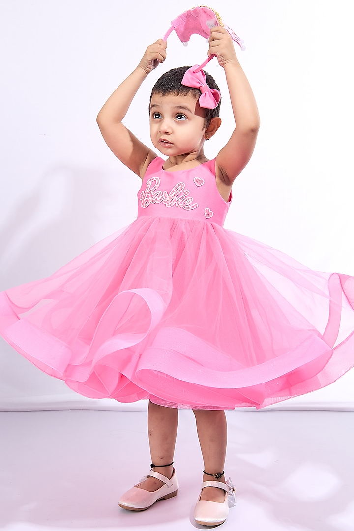 Hot Pink Soft Tulle Hand Embroidered Dress For Girls by Mini N More