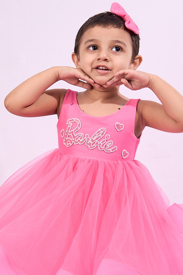 Hot Pink Soft Tulle Hand Embroidered Dress For Girls by Mini N More at Pernia's Pop Up Shop