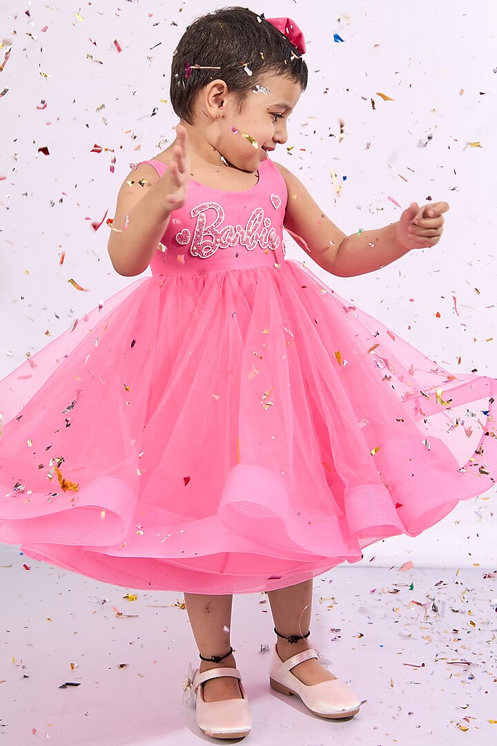 Hot Pink Soft Tulle Hand Embroidered Dress For Girls by Mini N More at Pernia's Pop Up Shop