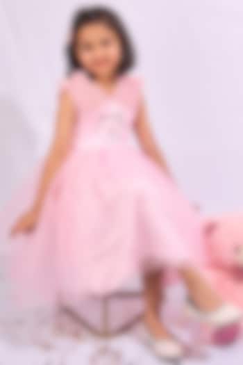 Pink Soft Tulle Floral Hand Embroidered Dress For Girls by Mini N More