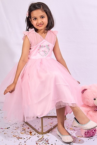 Pink Soft Tulle Floral Hand Embroidered Dress For Girls by Mini N More