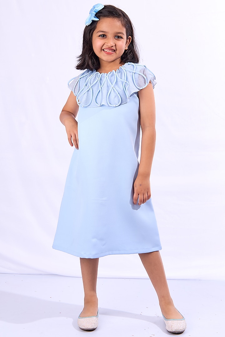 Baby Blue Scuba Crystal Embroidered Dress For Girls by Mini N More