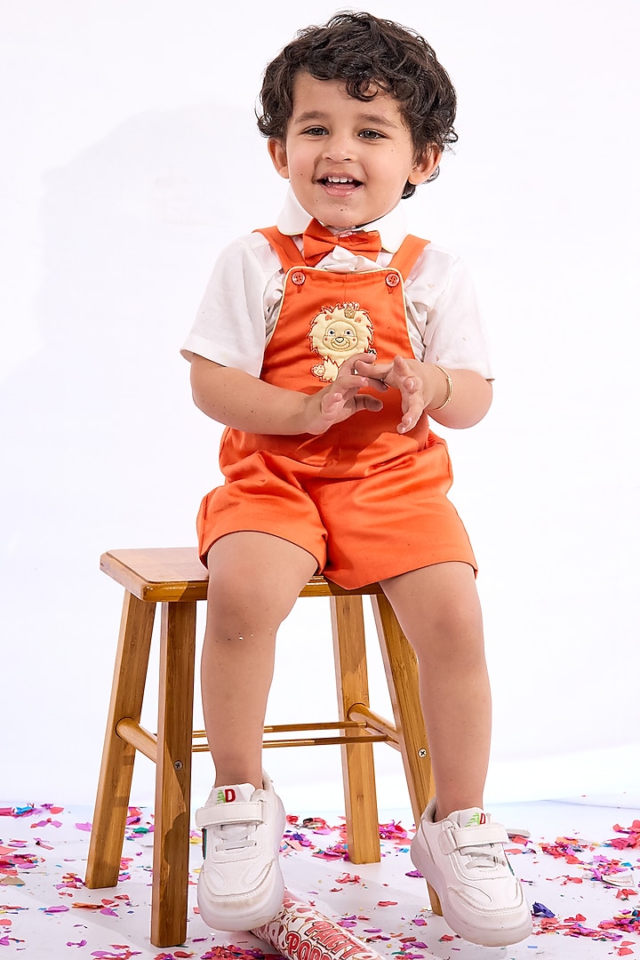 Tangerine Orange Cotton Lion King Embroidered Romper Set For Boys by Mini N More