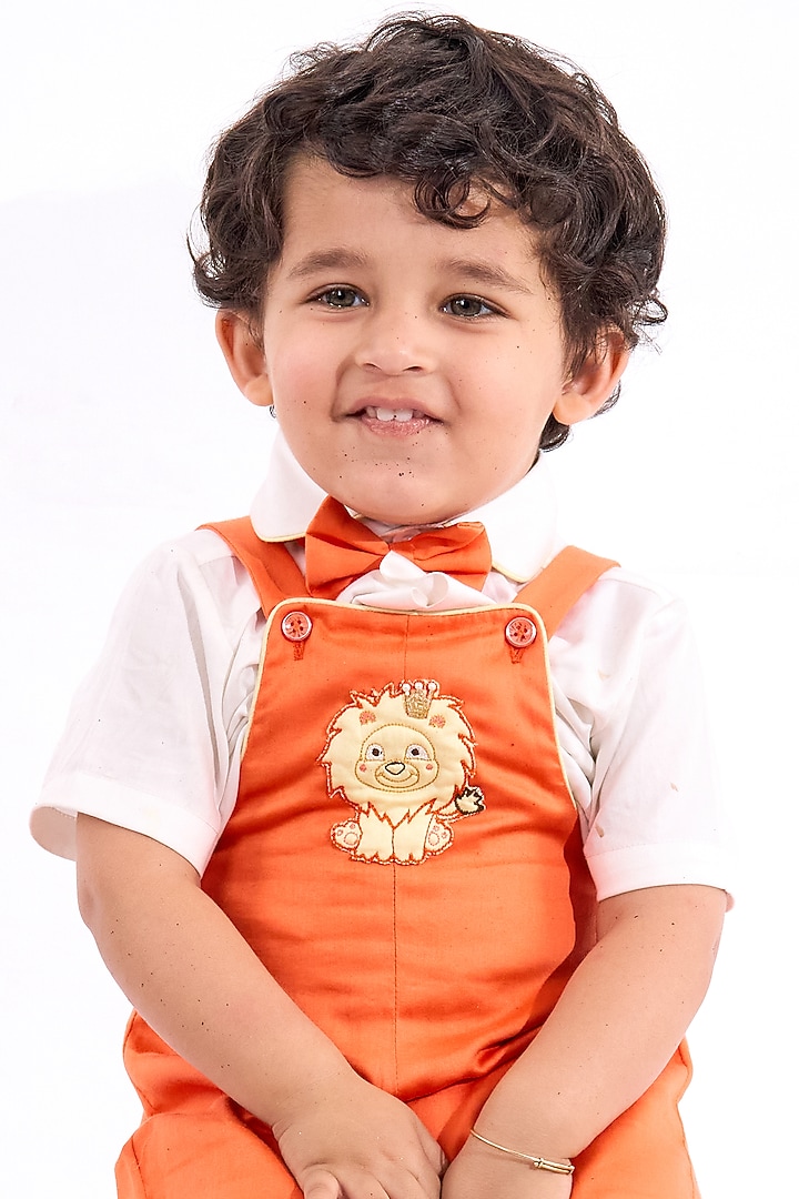 Tangerine Orange Cotton Lion King Embroidered Romper Set For Boys by Mini N More at Pernia's Pop Up Shop