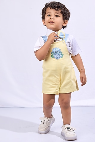 Yellow Cotton Lion King Embroidered Romper Set For Boys by Mini N More