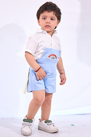 Blush Blue Cotton Rainbow Embroidered Romper Set For Boys by Mini N More