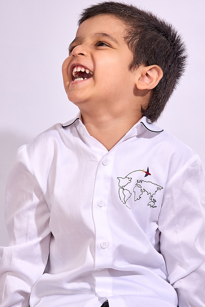 White Cotton Hand Embroidered Shirt For Boys by Mini N More at Pernia's Pop Up Shop
