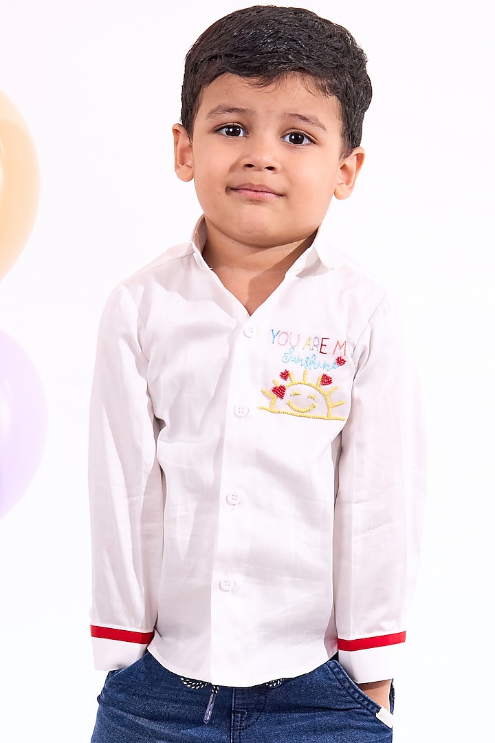 White Cotton Hand Embroidered Shirt For Boys by Mini N More