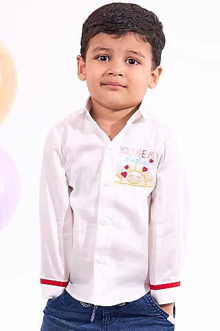 White Cotton Hand Embroidered Shirt For Boys by Mini N More