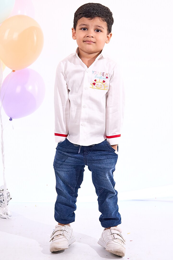 White Cotton Hand Embroidered Shirt For Boys by Mini N More at Pernia's Pop Up Shop