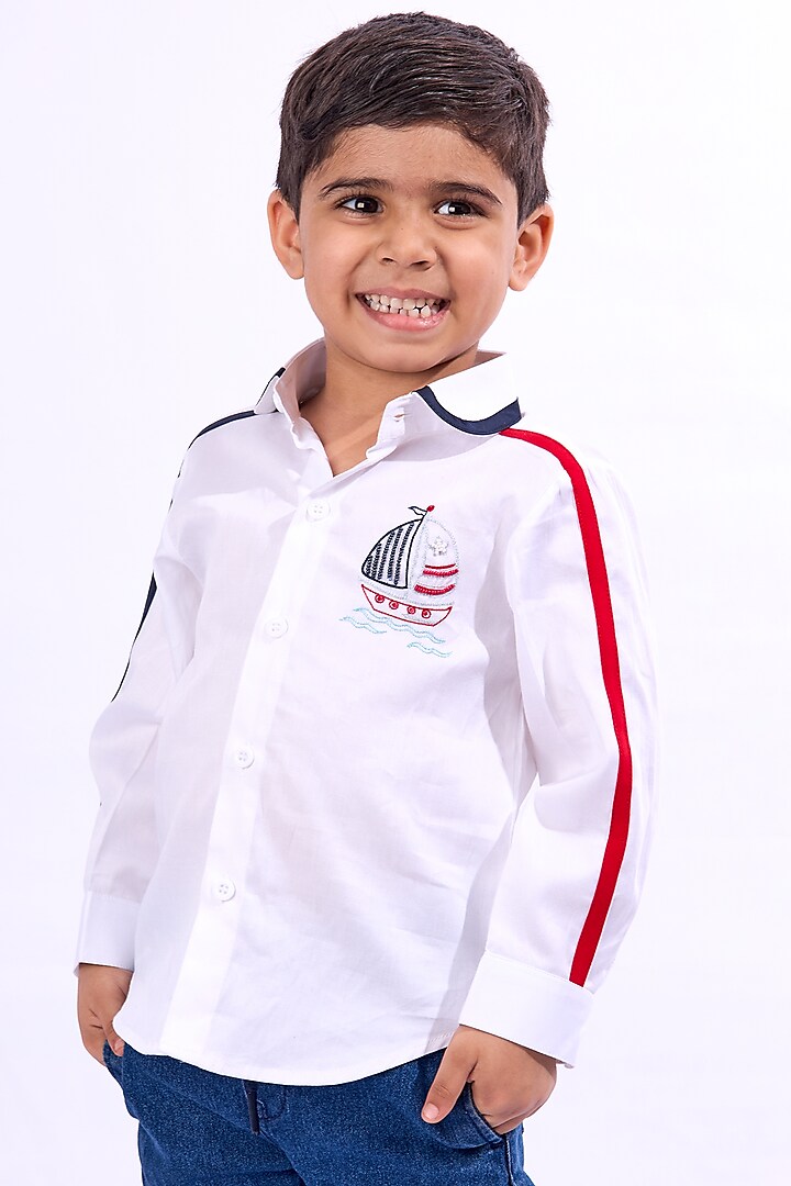 White Cotton Sequins Bead Embroidered Shirt For Boys by Mini N More