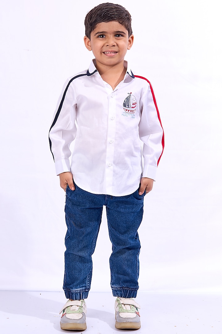 White Cotton Sequins Bead Embroidered Shirt For Boys by Mini N More at Pernia's Pop Up Shop