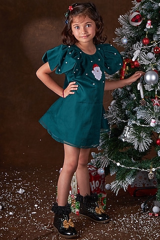Pine Green SIlk Organza Pearl Work Dress For Girls by Mini N More