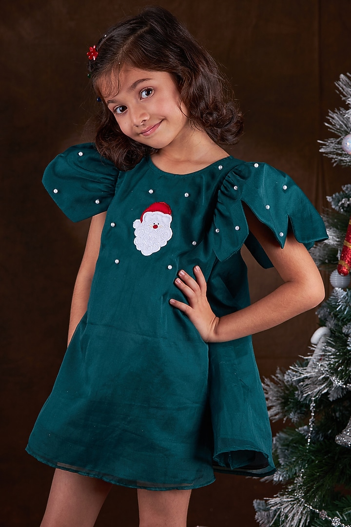 Pine Green SIlk Organza Pearl Work Dress For Girls by Mini N More at Pernia's Pop Up Shop