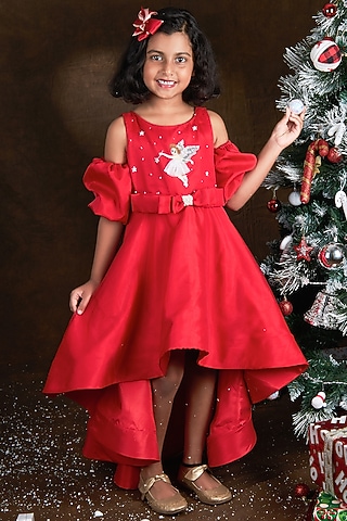 Crimson Red Silk Organza Sequins Bead Embroidered High-Low Dress For Girls by Mini N More