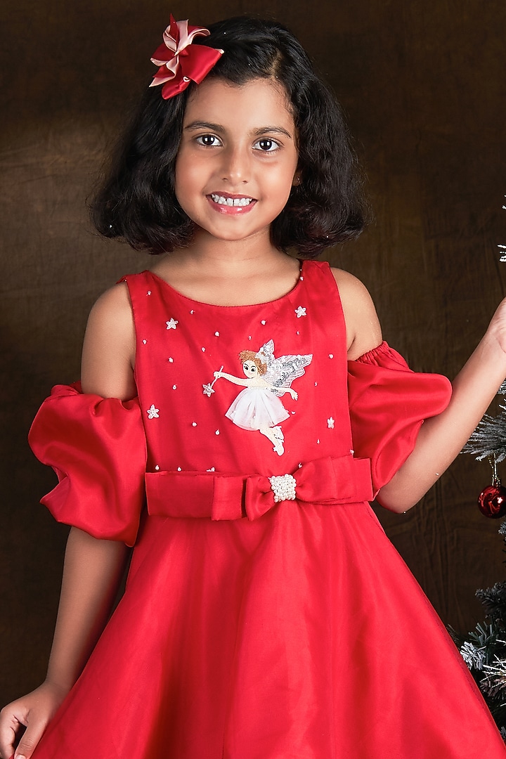 Crimson Red Silk Organza Sequins Bead Embroidered High-Low Dress For Girls by Mini N More at Pernia's Pop Up Shop