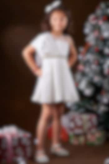 White Soft Scuba Crystal Embellished One-Shoulder Dress For Girls by Mini N More