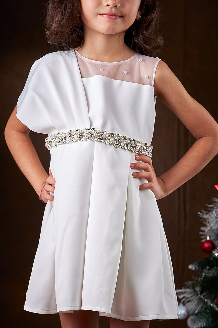 White Soft Scuba Crystal Embellished One-Shoulder Dress For Girls by Mini N More at Pernia's Pop Up Shop