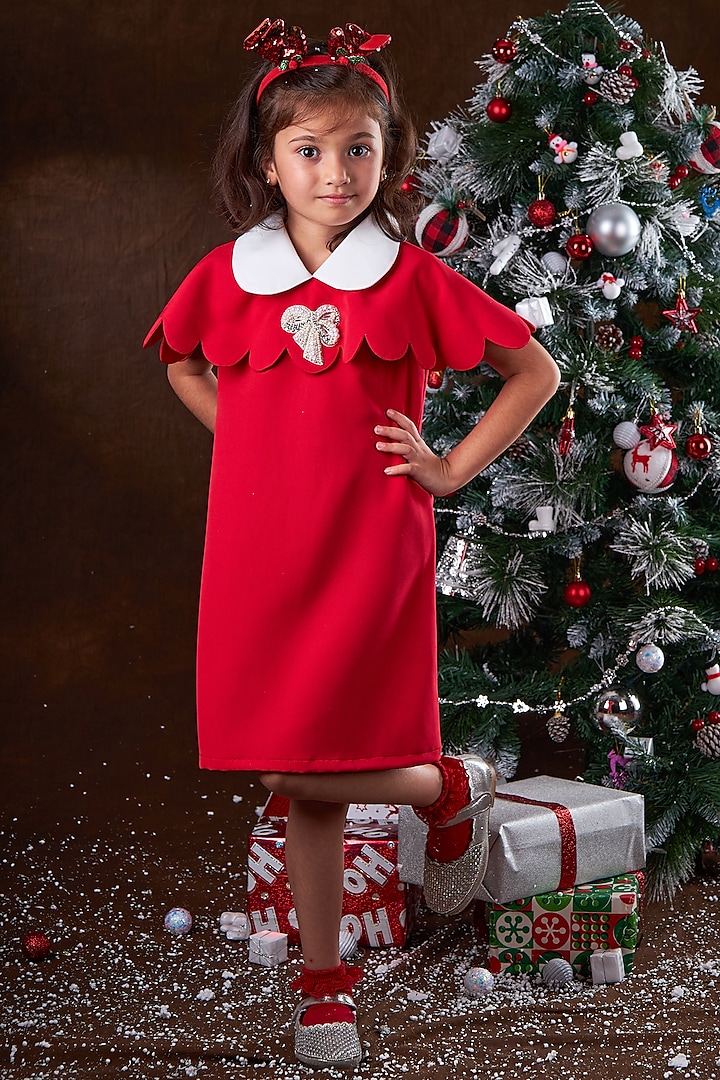 Tart Red Soft Scuba Pearl Embellished Scalloped Dress For Girls by Mini N More