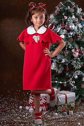 Tart Red Soft Scuba Pearl Embellished Scalloped Dress For Girls by Mini N More