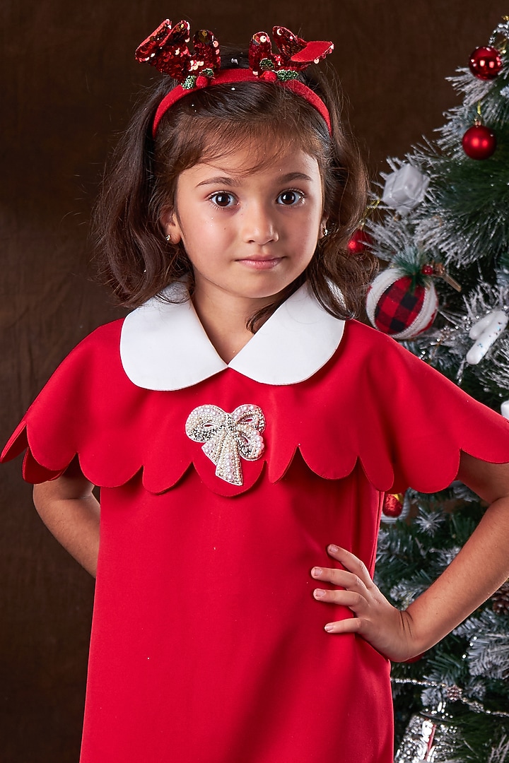 Tart Red Soft Scuba Pearl Embellished Scalloped Dress For Girls by Mini N More at Pernia's Pop Up Shop