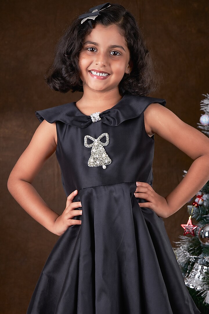 Black Taffeta Silk Pearl Embellished Dress For Girls by Mini N More at Pernia's Pop Up Shop