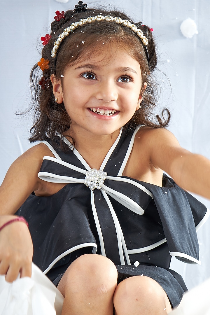 Black Taffeta Silk Pearl Embellished Dress For Girls by Mini N More at Pernia's Pop Up Shop