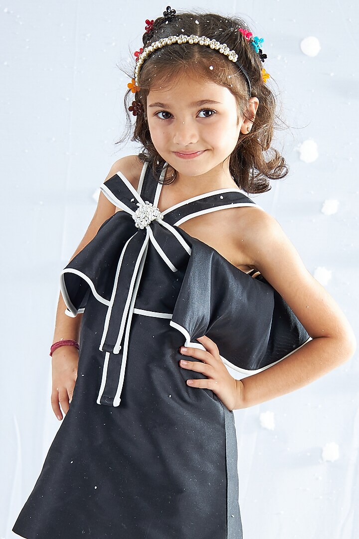 Black Taffeta Silk Pearl Embellished Dress For Girls by Mini N More at Pernia's Pop Up Shop