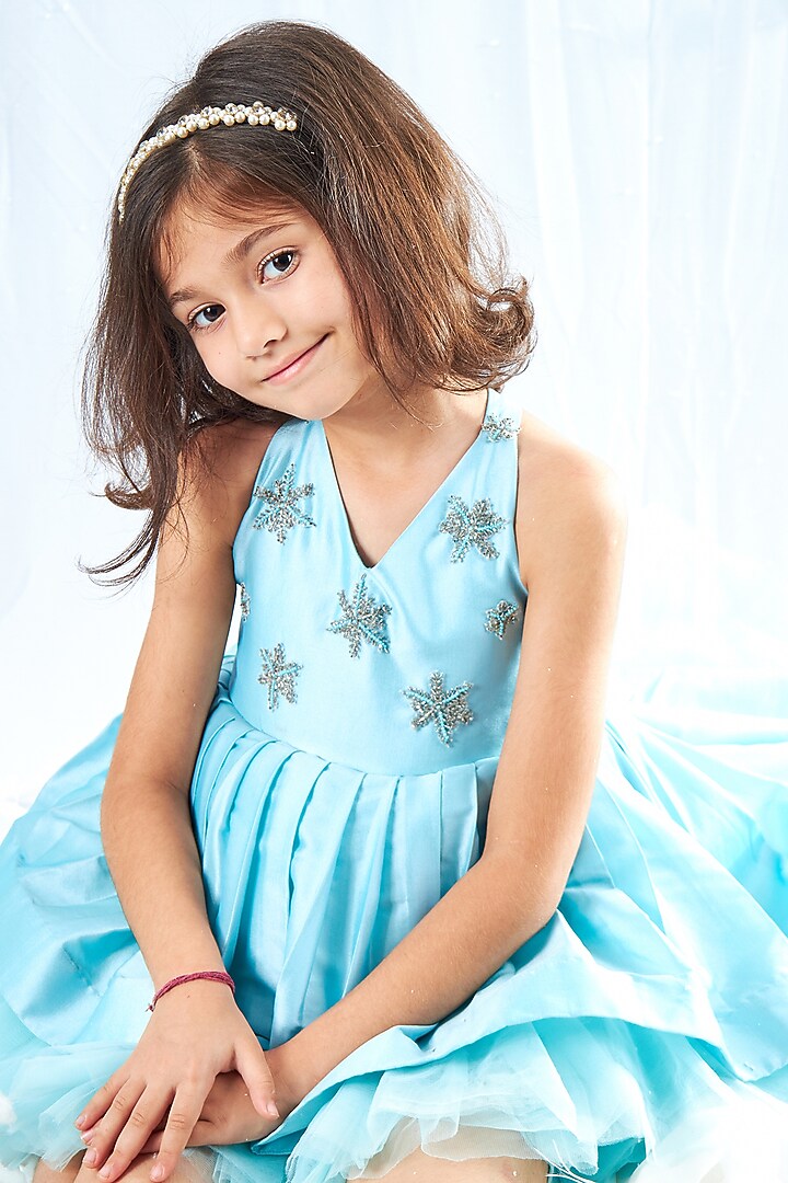 Aqua Blue Taffeta Silk Crystal Embellished High-Low Dress For Girls by Mini  N More at Pernia's Pop Up Shop 2026