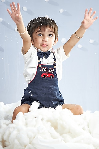 Presidential Blue Cotton Silk Blend Thread Work Romper Set For Boys by Mini N More