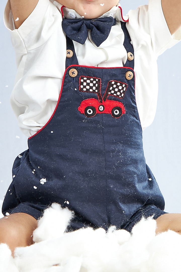 Presidential Blue Cotton Silk Blend Thread Work Romper Set For Boys by Mini N More at Pernia's Pop Up Shop