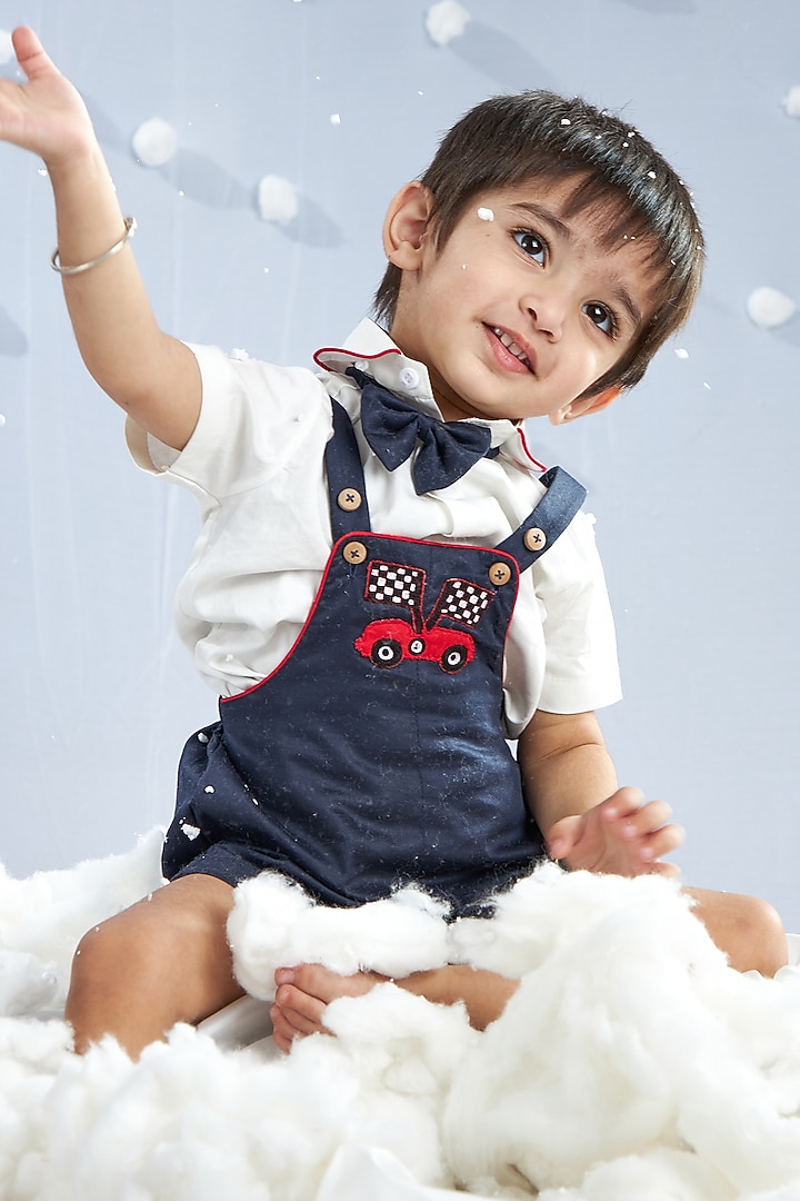 Presidential Blue Cotton Silk Blend Thread Work Romper Set For Boys by Mini N More at Pernia's Pop Up Shop