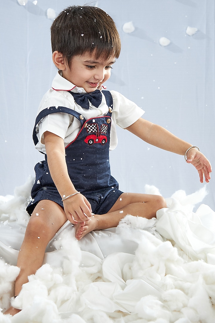 Presidential Blue Cotton Silk Blend Thread Work Romper Set For Boys by Mini N More at Pernia's Pop Up Shop