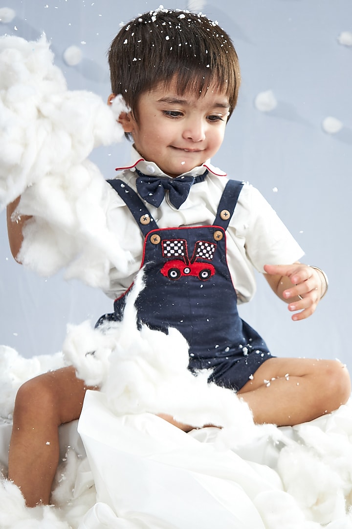 Presidential Blue Cotton Silk Blend Thread Work Romper Set For Boys by Mini N More at Pernia's Pop Up Shop