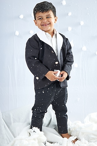 Black Cotton Silk Blend Blazer Set For Boys by Mini N More