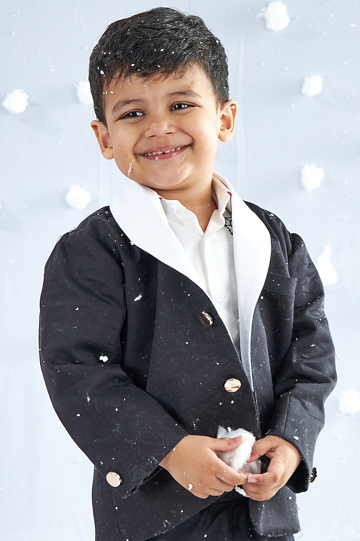 Black Cotton Silk Blend Blazer Set For Boys by Mini N More at Pernia's Pop Up Shop