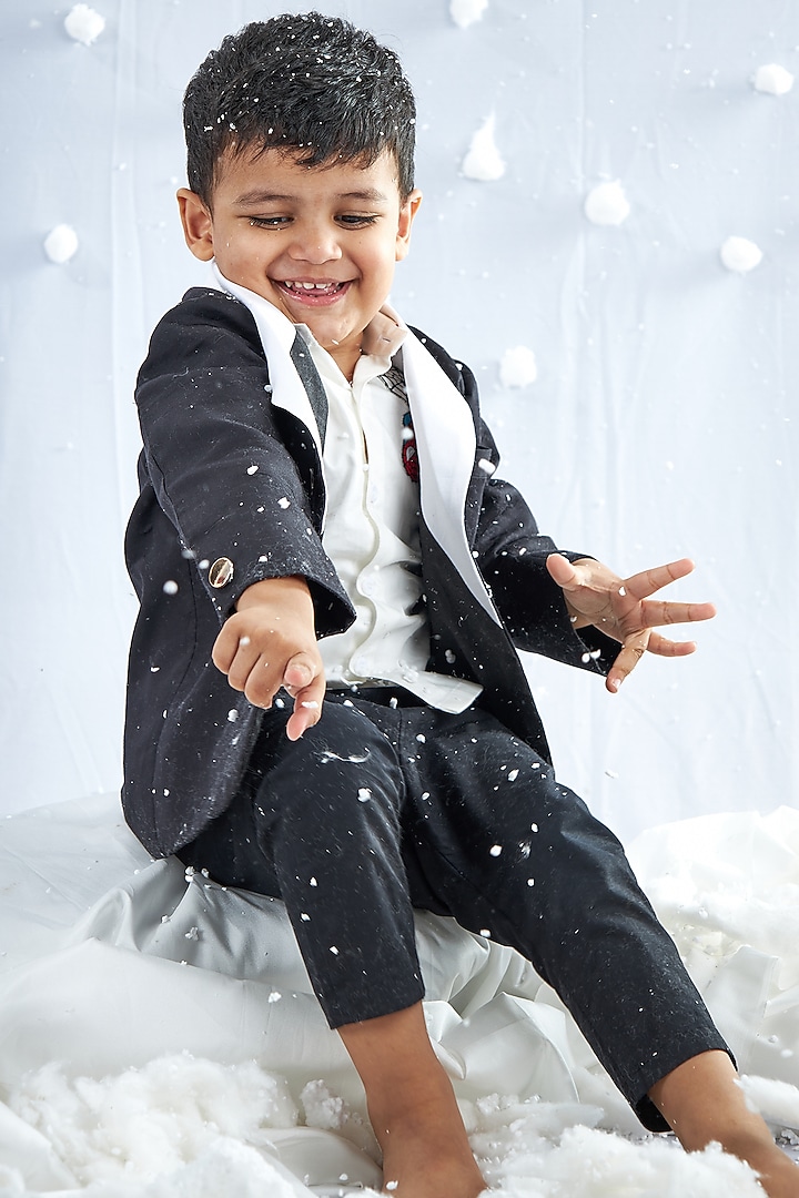Black Cotton Silk Blend Blazer Set For Boys by Mini N More at Pernia's Pop Up Shop