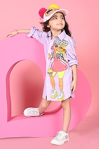 Lavender Cotton Hand Painted Dress For Girls by MISS NAKHREBAAZ