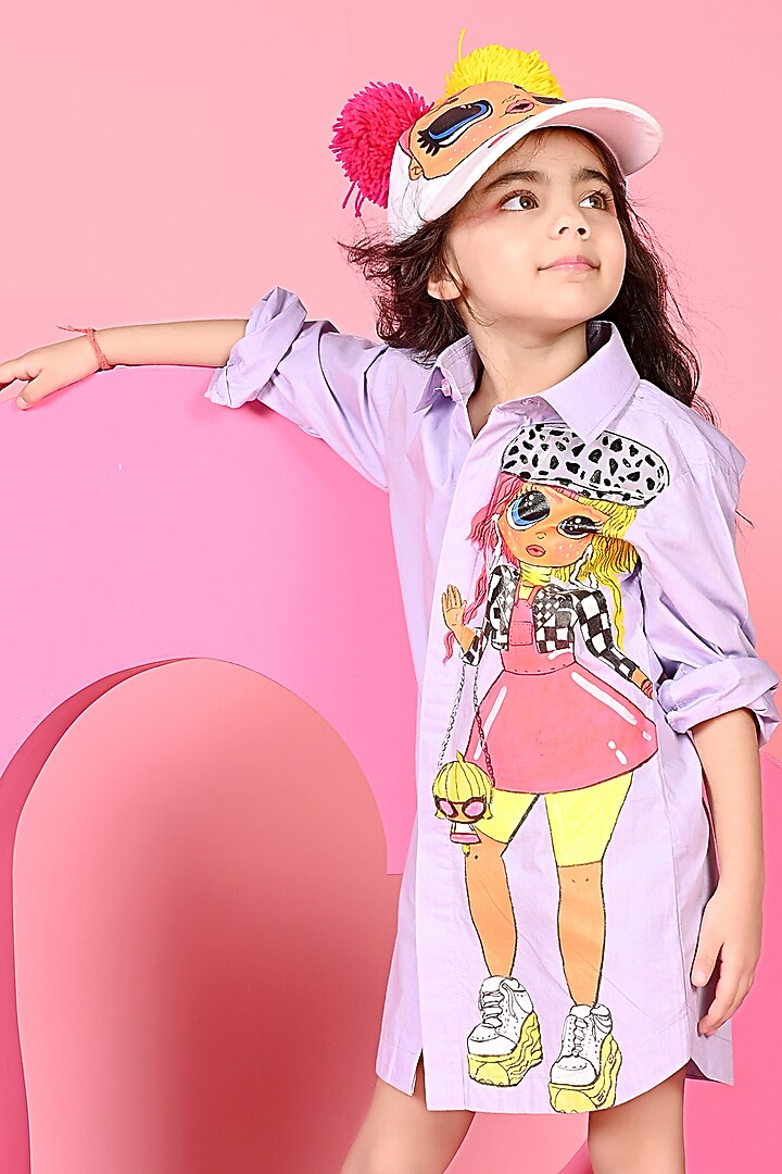 Lavender Cotton Hand Painted Dress For Girls by MISS NAKHREBAAZ at Pernia's Pop Up Shop