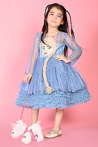 Frozen Blue Net & Satin Dress For Girls by MISS NAKHREBAAZ
