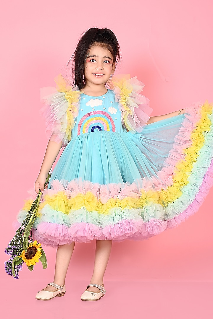 Sky Blue Japanese & Net Patchwork Ruffled Dress For Girls by MISS NAKHREBAAZ at Pernia's Pop Up Shop