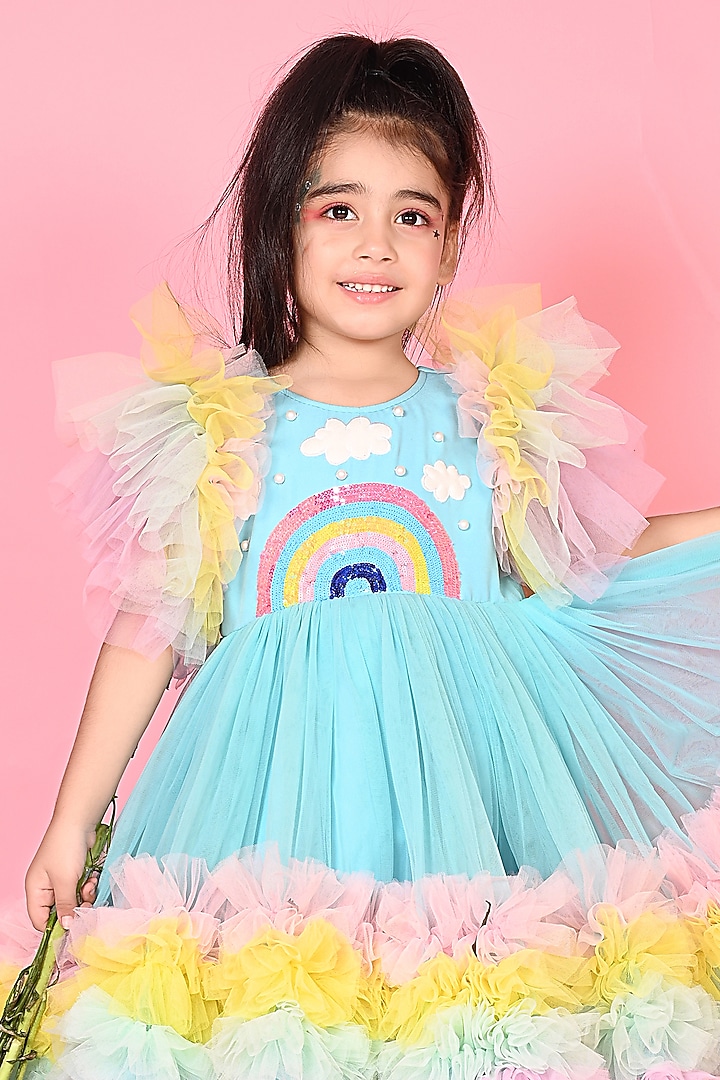 Sky Blue Japanese & Net Patchwork Ruffled Dress For Girls by MISS NAKHREBAAZ at Pernia's Pop Up Shop