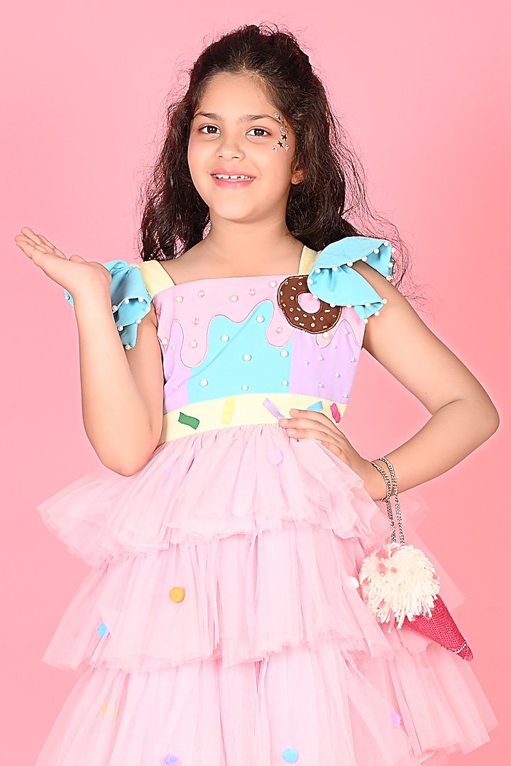 Pink Japanese & Net Patchwork Dress For Girls by MISS NAKHREBAAZ at Pernia's Pop Up Shop